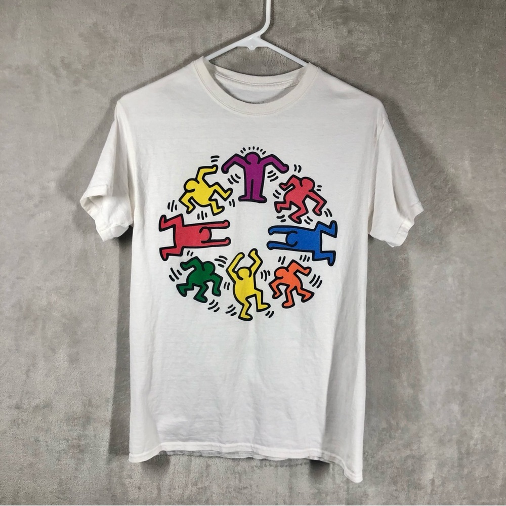Keith Haring Circular Dancing Friends Graphic T-Shirt Size S White Crewneck Art